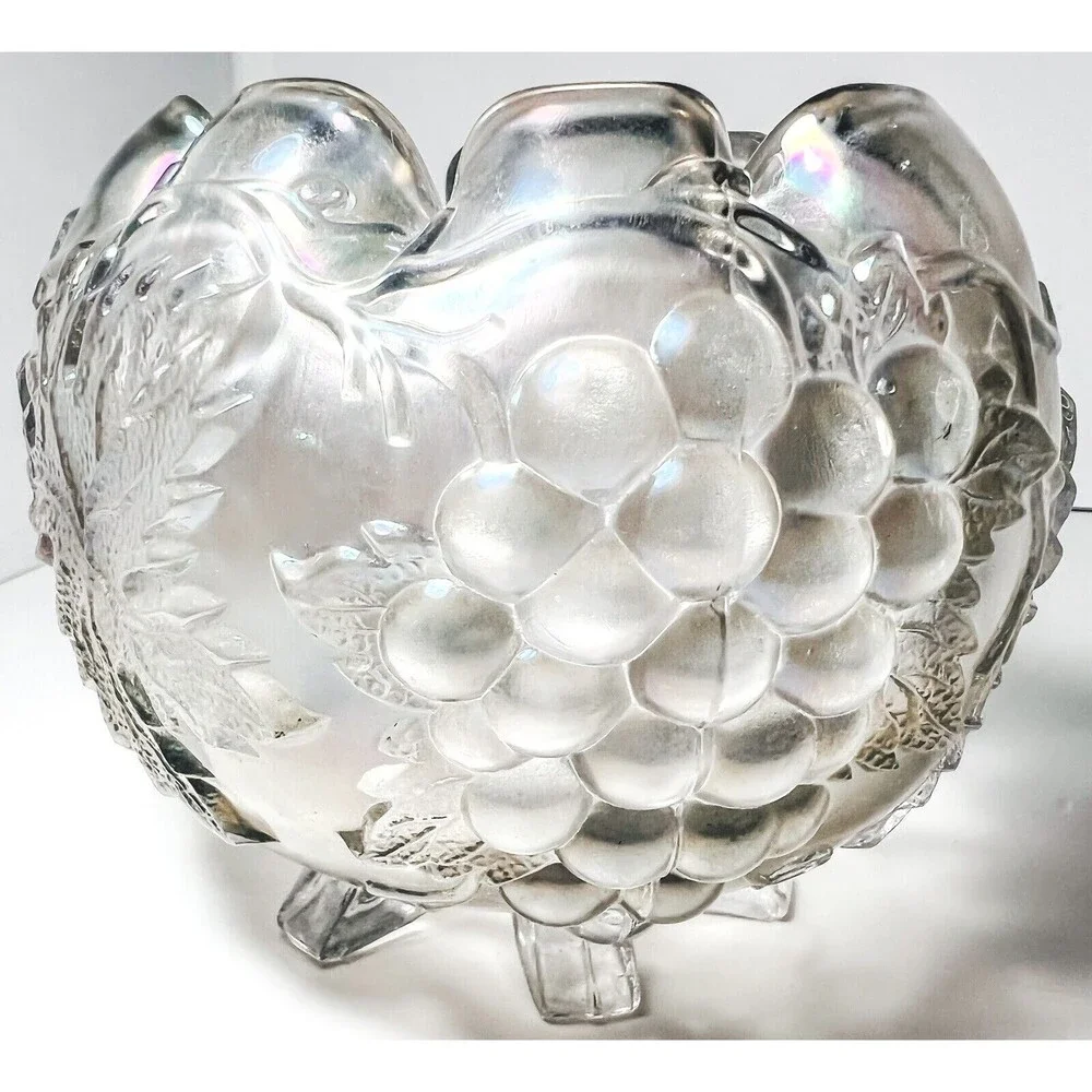 Antique Dugan Glass GRAPE DELIGHT Iridescent White Carnival Glass Rose Bowl GLOW